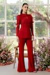 Shop_Parul And Preyanka_Red Silk Organza, Crepe Fringe High Neck Frill Detail Co-ord Set _at_Aza_Fashions