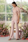 Shop_Parul And Preyanka_Peach Silk Organza, Crepe High Neck Frill And Pintucks Co-ord Set _at_Aza_Fashions