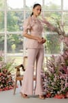 Parul And Preyanka_Peach Silk Organza, Crepe High Neck Frill And Pintucks Co-ord Set _Online_at_Aza_Fashions