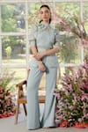 Buy_Parul And Preyanka_Blue Silk Organza, Crepe Embroidery High Neck Frill Detail Co-ord Set _at_Aza_Fashions
