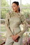 Buy_Parul And Preyanka_Green Silk Organza, Crepe Fringe High Neck Frill Detail Designer Co-ord Set _at_Aza_Fashions