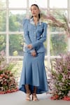 Shop_Parul And Preyanka_Blue Poplin Round Neck Big Organza Floral Shirt And Skirt Set _at_Aza_Fashions