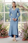 Buy_Parul And Preyanka_Blue Poplin Round Neck Big Organza Floral Shirt And Skirt Set _at_Aza_Fashions