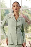 Shop_Parul And Preyanka_Green Poplin Fabric Flowers Notched Neck 3d Embellished Co-ord Set _Online_at_Aza_Fashions