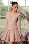 Parul And Preyanka_Peach Silk Organza, Lace Pearls V-neck Work Doll Dress _Online_at_Aza_Fashions