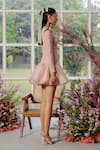 Shop_Parul And Preyanka_Peach Silk Organza, Lace Pearls V-neck Work Doll Dress _at_Aza_Fashions