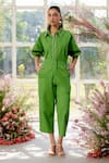 Shop_Parul And Preyanka_Green Poplin Embroidery Collared Designer Co-ord Set _at_Aza_Fashions