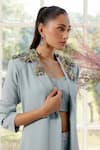 Parul And Preyanka_Blue Crepe Embroidery, Crystals Shawl 3d Flower Embellished Trench Co-ord Set _Online_at_Aza_Fashions