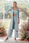 Buy_Parul And Preyanka_Blue Crepe Embroidery, Crystals Shawl 3d Flower Embellished Trench Co-ord Set _Online_at_Aza_Fashions