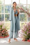 Shop_Parul And Preyanka_Blue Crepe Embroidery, Crystals Shawl 3d Flower Embellished Trench Co-ord Set _Online_at_Aza_Fashions