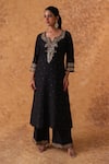 Shop_Pouli Pret_Black Chanderi, Organza Zari Split V-neck Zardozi Embroidered Kurta Set _Online_at_Aza_Fashions