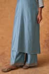 Buy_Pouli Pret_Blue Chanderi, Organza Zari Split V-neck Zardozi Kurta Set _Online_at_Aza_Fashions
