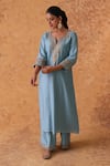 Shop_Pouli Pret_Blue Chanderi, Organza Zari Split V-neck Zardozi Kurta Set _Online_at_Aza_Fashions