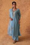 Buy_Pouli Pret_Blue Chanderi, Organza Zari Split V-neck Zardozi Kurta Set _at_Aza_Fashions