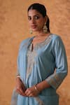Pouli Pret_Blue Chanderi, Organza Zari Split V-neck Zardozi Kurta Set _at_Aza_Fashions