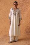 Shop_Pouli Pret_Ivory Chanderi, Organza Embroidery, Zari Split V-neck Zardozi Kurta Set _Online_at_Aza_Fashions