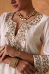 Buy_Pouli Pret_Ivory Chanderi, Organza Embroidery, Zari Split V-neck Zardozi Kurta Set 