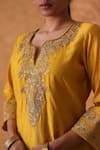 Shop_Pouli Pret_Yellow Chanderi, Organza Zari Split V-neck Zardozi Kurta Set _Online_at_Aza_Fashions