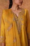 Pouli Pret_Yellow Chanderi, Organza Zari Split V-neck Zardozi Kurta Set _at_Aza_Fashions