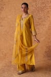 Buy_Pouli Pret_Yellow Chanderi, Organza Zari Split V-neck Zardozi Kurta Set _at_Aza_Fashions