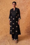 Shop_Pouli Pret_Black Chanderi, Organza Zari V-neck Embroidered Kurta Set _Online_at_Aza_Fashions