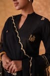 Pouli Pret_Black Chanderi, Organza Zari V-neck Embroidered Kurta Set _at_Aza_Fashions