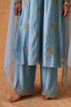Buy_Pouli Pret_Blue Chanderi, Organza Embroidery, Zari Split V-neck Work Kurta Pant Set _Online_at_Aza_Fashions