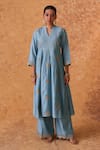 Shop_Pouli Pret_Blue Chanderi, Organza Embroidery, Zari Split V-neck Work Kurta Pant Set _Online_at_Aza_Fashions