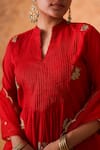 Pouli Pret_Red Chanderi, Organza Zari Split V-neck Embroidered Kurta Pant Set _Online_at_Aza_Fashions