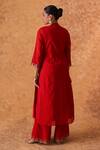 Shop_Pouli Pret_Red Chanderi, Organza Zari Split V-neck Embroidered Kurta Pant Set _at_Aza_Fashions