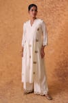 Buy_Pouli Pret_Ivory Chanderi, Cotton, Organza Zari V-neck Work Kurta Pant Set _Online_at_Aza_Fashions
