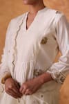 Pouli Pret_Ivory Chanderi, Cotton, Organza Zari V-neck Work Kurta Pant Set _at_Aza_Fashions