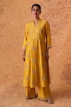 Shop_Pouli Pret_Yellow Chanderi, Organza Zari Split V-neck Embroidered Kurta Pant Set _Online_at_Aza_Fashions