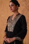 Shop_Pouli Pret_Black Chanderi, Organza Zari V-neck Embroidered Kurta Set _Online_at_Aza_Fashions