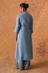 Shop_Pouli Pret_Blue Chanderi, Organza Zari Split V-neck Embroidered Kurta Set _at_Aza_Fashions