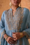 Pouli Pret_Blue Chanderi, Organza Zari Split V-neck Embroidered Kurta Set _at_Aza_Fashions
