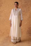 Buy_Pouli Pret_Ivory Chanderi, Cotton, Organza Zari Split V-neck Embroidered Kurta Set _Online_at_Aza_Fashions