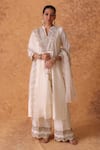 Buy_Pouli Pret_Ivory Chanderi, Cotton, Organza Zari Split V-neck Embroidered Kurta Set _at_Aza_Fashions