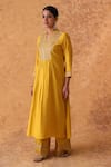 Buy_Pouli Pret_Yellow Chanderi, Organza Zari, Embroidery Split V-neck Kurta Set _Online_at_Aza_Fashions