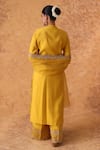 Shop_Pouli Pret_Yellow Chanderi, Organza Zari, Embroidery Split V-neck Kurta Set _at_Aza_Fashions