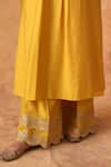 Pouli Pret_Yellow Chanderi, Organza Zari, Embroidery Split V-neck Kurta Set _at_Aza_Fashions