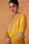 Buy_Pouli Pret_Yellow Chanderi, Organza Zari, Embroidery Split V-neck Kurta Set 
