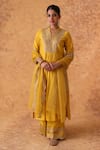 Buy_Pouli Pret_Yellow Chanderi, Organza Zari, Embroidery Split V-neck Kurta Set _at_Aza_Fashions