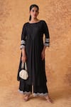 Pouli Pret_Black Chanderi, Organza Embroidery Round Neck Resham Work Kurta Pant Set _at_Aza_Fashions