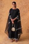 Buy_Pouli Pret_Black Chanderi, Organza Embroidery Round Neck Resham Work Kurta Pant Set _at_Aza_Fashions
