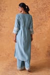 Shop_Pouli Pret_Blue Chanderi, Organza Zari, Lace Round Neck Work Kurta Pant Set _at_Aza_Fashions