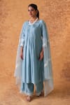 Buy_Pouli Pret_Blue Chanderi, Organza Zari, Lace Round Neck Work Kurta Pant Set _at_Aza_Fashions