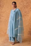 Pouli Pret_Blue Chanderi, Organza Zari, Lace Round Neck Work Kurta Pant Set _at_Aza_Fashions