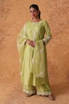 Buy_Pouli Pret_Green Chanderi, Organza Zari Round Neck Kurta Pant Set _at_Aza_Fashions