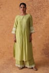 Pouli Pret_Green Chanderi, Organza Zari Round Neck Kurta Pant Set _at_Aza_Fashions